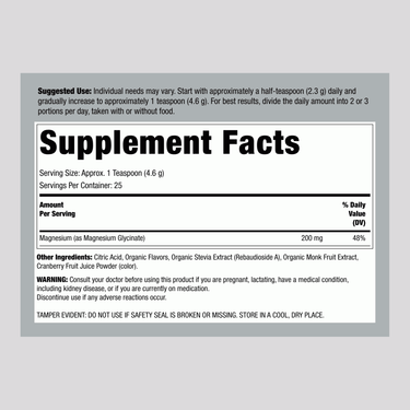 This image shows the Supplement Facts panel for MaxCalm Magnesium Glycinate 5oz Powder.