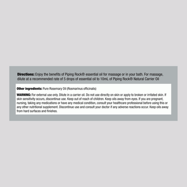 Label showing supplement facts for Rosemary Oil, 2 oz bottle, listing ingredients and nutrition details within limits.