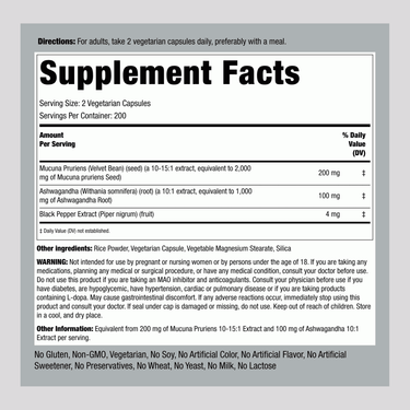 Supplement Facts panel for Mucuna Ashwagandha 3000 mg, providing two 1500 mg doses per capsule, 200 capsules total.