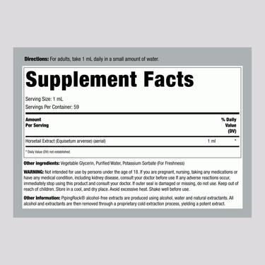 Supplement Facts panel for Horse Tail Liquid Extract AF, 2 oz bottle. Contains ingredient details and nutrition information.