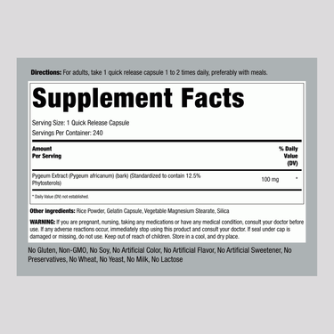 Label showing supplement facts for Pygeum Stand Ext 100 mg Capsules, 240 count.