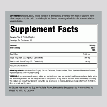 Supplement Facts panel showing details for Bee Pollen Complex Tablets, 120 count.