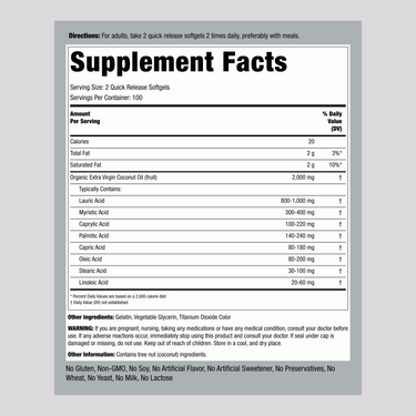 Coconut Oil (Extra Virgin), 2000 mg (per serving), 200 Quick Release Softgels