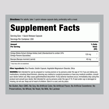 Image of Supplement Facts panel for Ginkgo Biloba 120 mg Capsules, 200 count.
