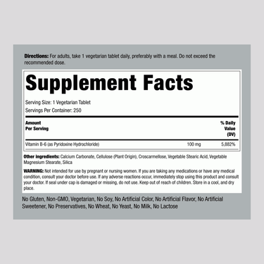 Supplement Facts panel for B-6 (Pyridoxine) 100 mg, 250 Tablets.
