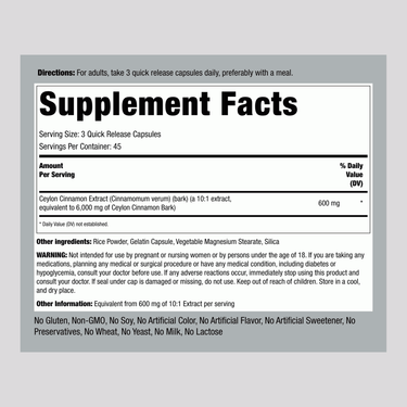 Supplement Facts showing details for Ceylon Cinnamon 6000mg, 135 capsules.