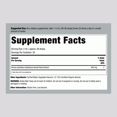 Supplement Facts for Nat Answer Yarrow Flowers Liquid Extract, 1 fl oz, detailing ingredients and nutritional information.