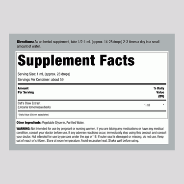Image of the Supplement Facts panel for Cat's Claw Liquid Extract, 2 fluid ounces, detailing nutritional information and ingredients.