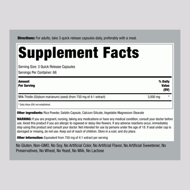 Supplement Facts for Milk Thistle Seed 3000 mg Capsules, 200 count.