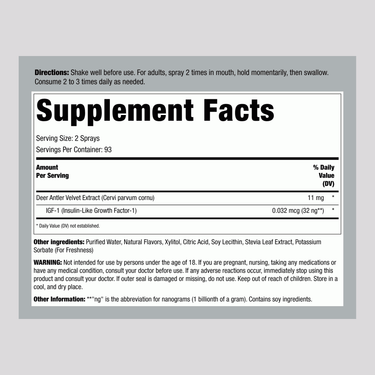 The Supplement Facts panel for IGF-1 Plus Deer Antler Velvet Extract 1 oz is displayed, detailing nutritional information.