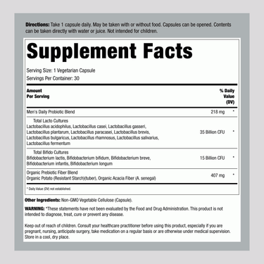 Supplement Facts panel for Garden of Life Probiotics Once Daily Men, 50 Billion CFU, 30 Capsules.