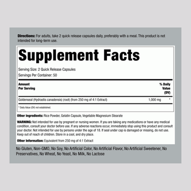 Supplement Facts for Goldenseal Root 1000 mg per serving, 100 capsules.