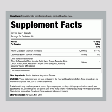 Supplement Facts panel for Ester C 1000 mg Bioflavonoid Capsules 90 count.