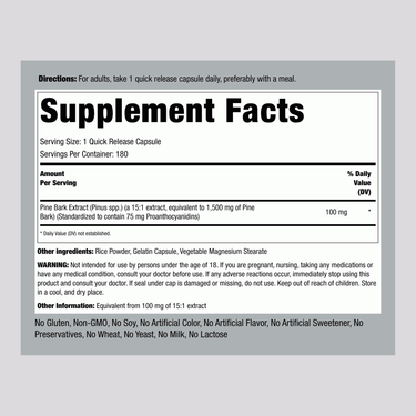 Supplement Facts for Pine Bark Extract 1500 mg, 180 capsules.