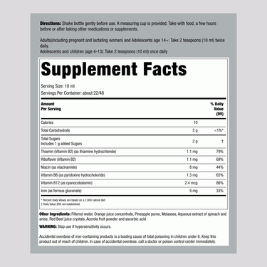 Image of the Supplement Facts panel for Flora Iron + Herbs with B-Vitamin Complex, 7.7 Fl Oz.
