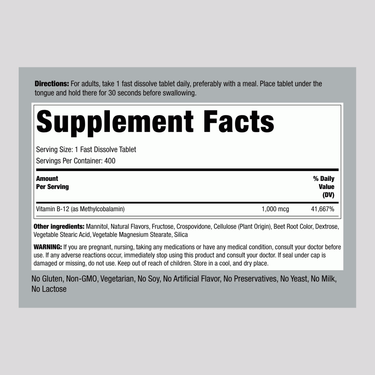 Supplement Facts panel displaying Methylcobalamin B-12 (Sub) 1000 mcg, 400 FD tablets.