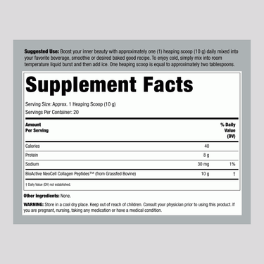 Supplement Facts for NCL Collagen Powder, containing 20 stick packs of 10g each.