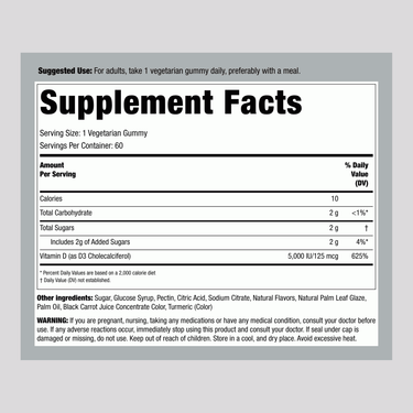 Supplement Facts for Vitamin D3 5000 IU (125 mcg), 60 Gummies.