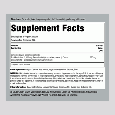 Supplement Facts label for Berberine Complex with Ceylon Cinnamon 2000mg, 120 capsules.