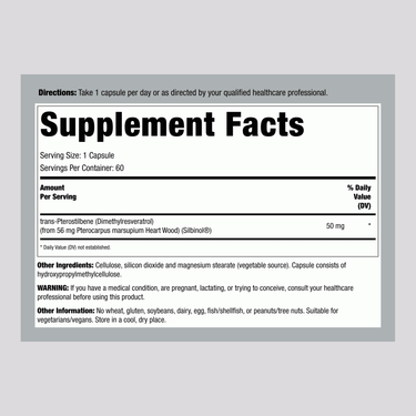Image of the Supplement Facts panel for Jarrow Pterostilbene 60 VC.
