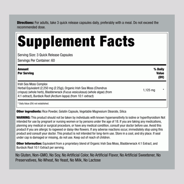 Image of Supplement Facts for Irish Sea Moss 170 Capsules shows nutritional information and serving size details.