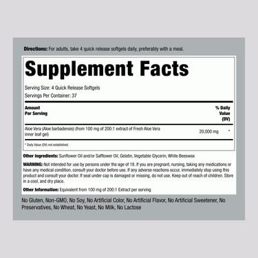 Supplement Facts panel of Aloe Vera 20000mg Softgels 150 count.