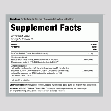 Supplement Facts for Ult Flora Extra Care Digestive with 30 Billion CFU in 60 Veg Caps.