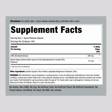 Supplement Facts panel for DIM 200 mg with 200 capsules, detailing ingredients and nutritional information.