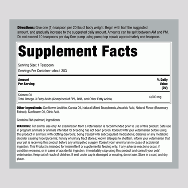 Supplement Facts panel for Horbaach Salmon Oil 64 oz for dogs. Includes nutritional information and dosage.