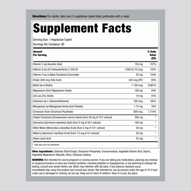 Supplement Facts for LN Blood Sugar Formula 90 Caplets displayed.