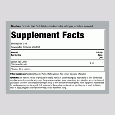 Valerian Root Extract Supplement Facts panel, 2 fl oz.
