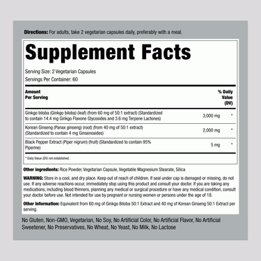 Supplement Facts for Panax Ginseng & Ginkgo showing 5000 mg (2 x 2500mg) per serving, 120 Veg Caps.