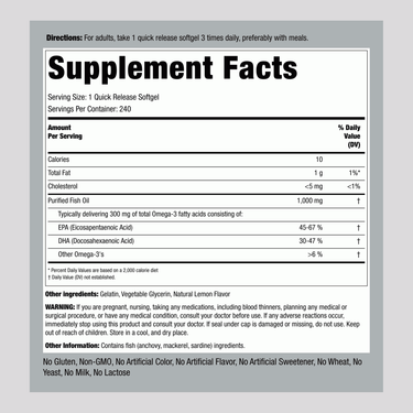 Supplement facts panel for Fish Oil 1000 mg Lemon Softgels, 240 count.
