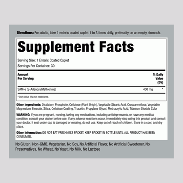 Image of Supplement Facts for SAM-e 400 mg Coated Tablets, showing details for a bottle containing 30 tablets.