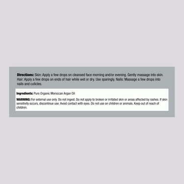 Supplement Facts panel detailing the ingredients and nutritional information for PIP Argan Oil (Organic), 2 OZ.