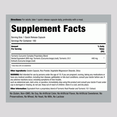 Turmeric Curcumin Complex, 800 mg, 180 Quick Release Capsules