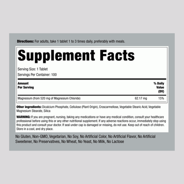 Image of the supplement facts for Magnesium Chloride 520 mg tablets, showing contents for a 100 tablet bottle.