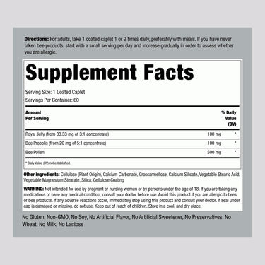 Supplement Facts for Royal Jelly, Propolis, Bee Pollen Tablets, 60 count.