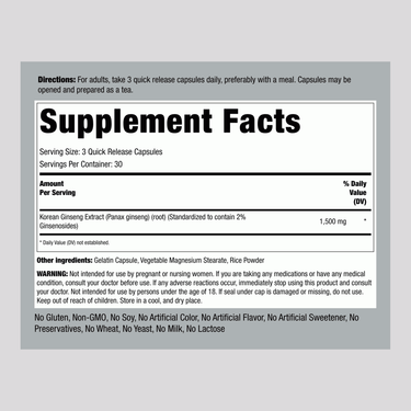Supplement Facts panel detailing Korean Ginseng 1500 mg per serving in a bottle of 90 capsules.