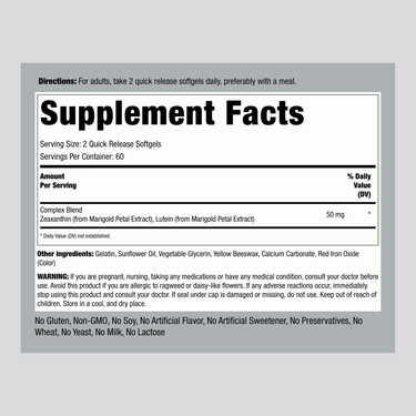 Supplement Facts label showing details for Zeaxanthin Complex, 50 mg, 120 Softgels.