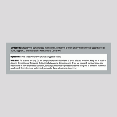This is the Supplement Facts panel for a 4 oz bottle of Sweet Almond Oil, detailing its nutritional content and ingredients used.