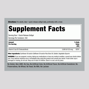 Image showing the Supplement Facts panel for D3 5000 IU Softgels, with 250 softgels mentioned.