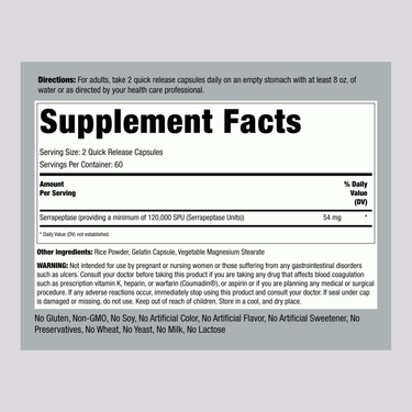 Supplement Facts panel for Serrapeptase 120,000 IU, 120 capsules.