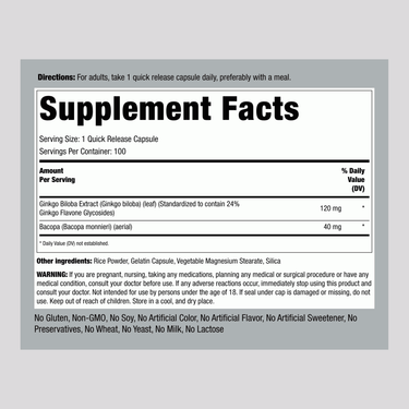 Supplement Facts panel for Ginkgo Biloba 120 mg capsules, 100 count.