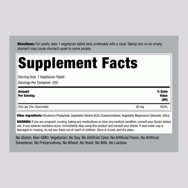 Supplement Facts panel showing details for Zinc 50 mg Tablets, pack of 250.
