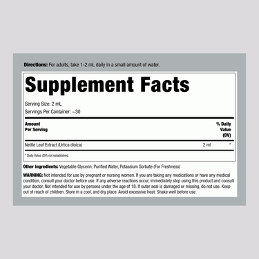 Nettle Leaf Liquid Extract AF 2 oz Supplement Facts panel displayed.