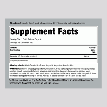 Supplement Facts panel detailing Berberine HCL 500 mg Capsules, 120 count.