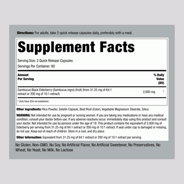 Elderberry 2000 mg Capsules with Supplement Facts panel showing dosage and ingredient details for a 180-count bottle.