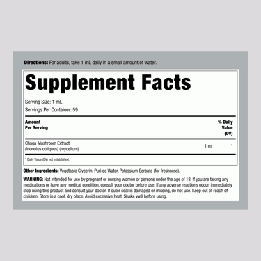 Supplement Facts panel for Horbaach Chaga Mushroom Liquid Extract, 2 fl oz bottle.
