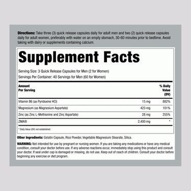 Image of the Supplement Facts panel for ZMA 120 Capsules, detailing nutritional information and serving size.